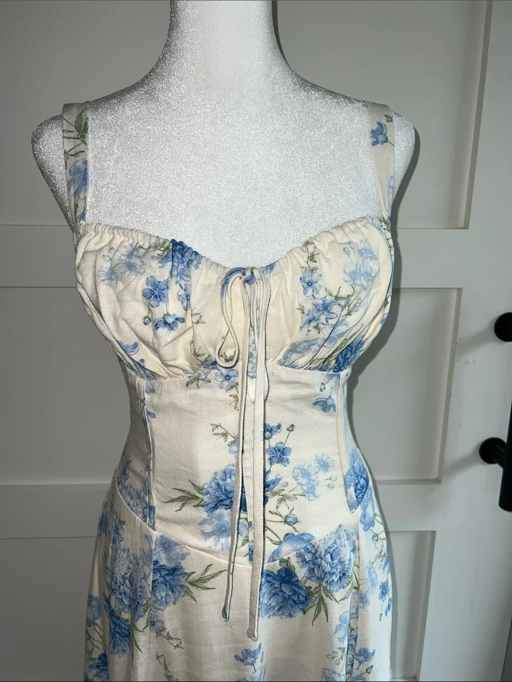 Blue Floral Cream Maxi Dress - Sleeveless Summer Dress - Picture 2 of 8